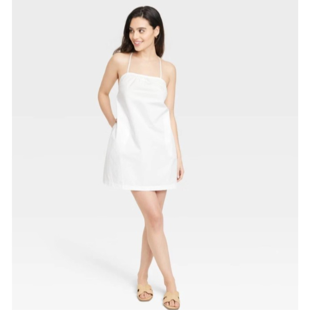 Women's Sleeveless Shift Mini Dress w Pockets Strappy Tie Backs White Sz Small